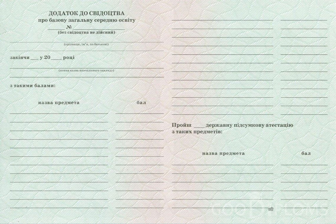 Украинский аттестат за 9 класс - Обратная сторона приложения- Тернополь